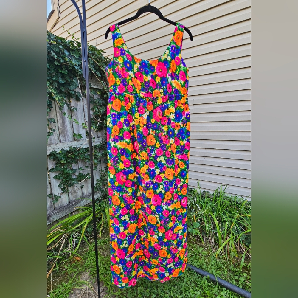 Vintage 60s Pomare Tahiti Hawaiian Floral Colorful Barkcloth Maxi Dress S
